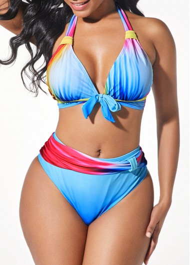 Halter Neck Tie Front Printed Bowknot Bikini Set