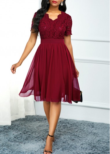 High Waist Lace Panel Short Sleeve Red Dress