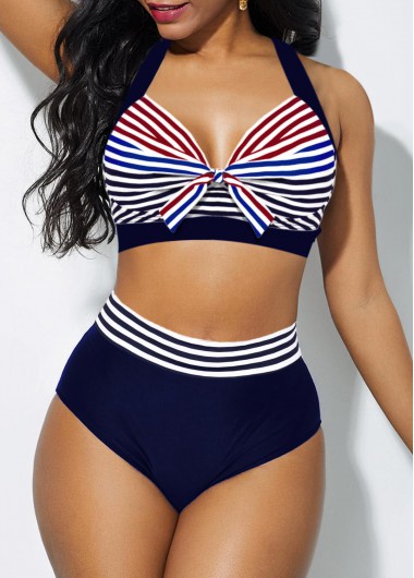 High Waist Knot Detail Stripe Print Bikini Set