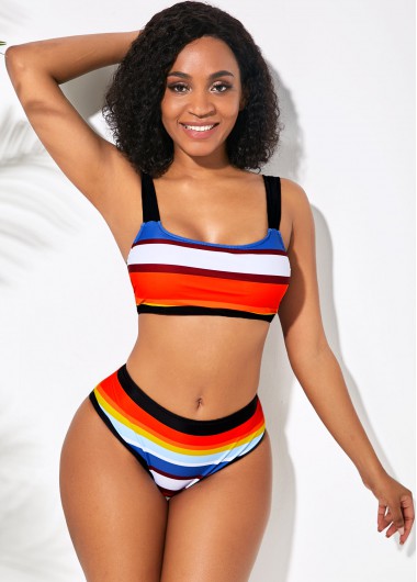 Multicolor Striped Spaghetti Strap Tie Back Bikini Set