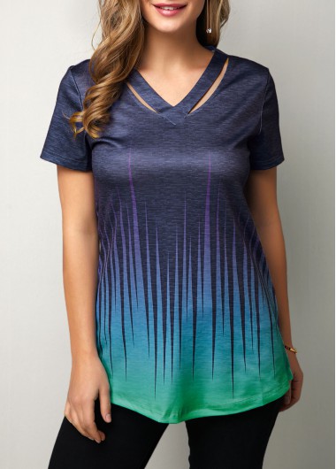 Short Sleeve Cutout Neckline Dazzle Color T Shirt