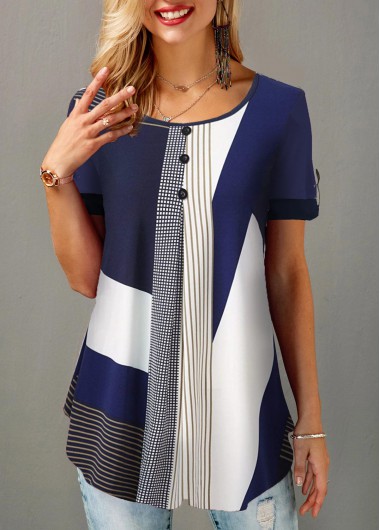 Round Neck Button Detail Geometric Print Blouse