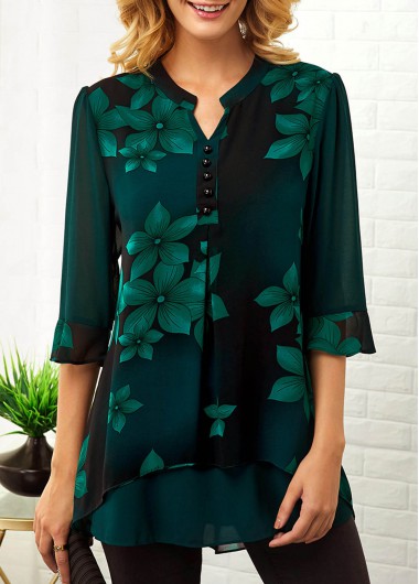 ROTITA Split Neck Button Detail Large Floral Print Blouse