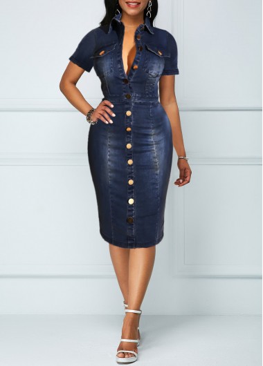ROTITA Button Up Turndown Collar Chest Pocket Denim Dress