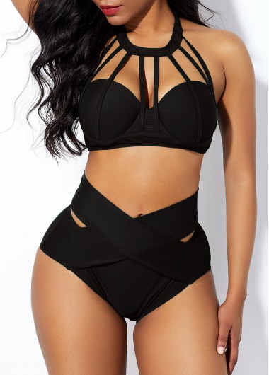 ROTITA Cage Neck Cross Front High Waist Bikini Set