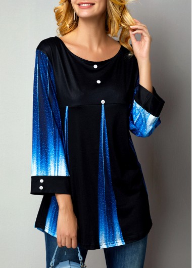 Gradient Button Detail Round Neck Printed T Shirt