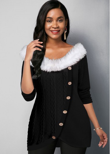Inclined Button Fur Collar Tulip Hem T Shirt