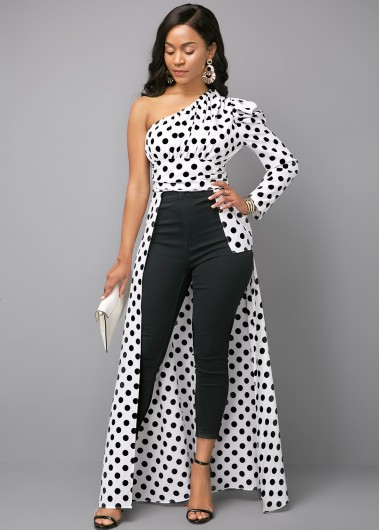 One Shoulder Polka Dot Print Color Block Blouse