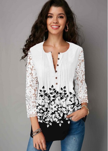 Three Quarter Sleeve Lace Panel Button Up Blouse