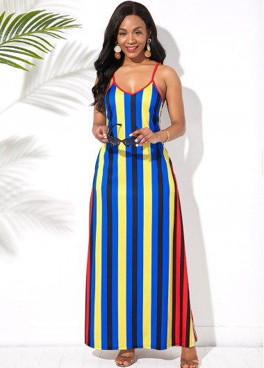 Spaghetti Strap Side Pocket Multi Stripe Maxi Dress