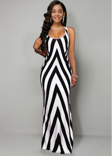 Side Slit Stripe Geometric Print Dress