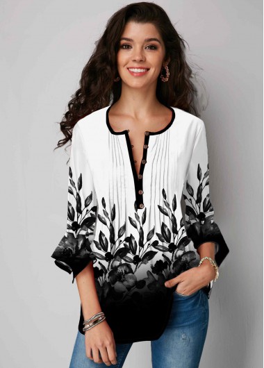Gradient Button Up Plant Print Blouse