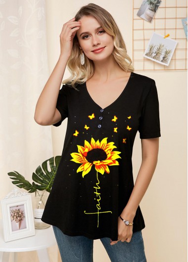ROTITA Sunflower Print Short Sleeve V Neck T Shirt