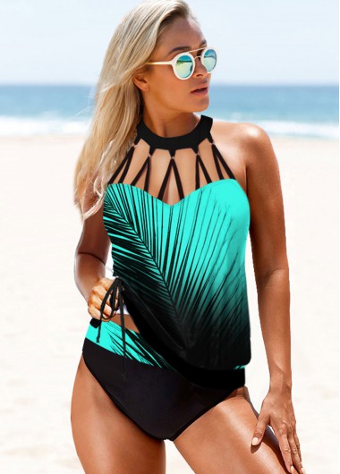Printed Cage Neck Drawstring Waist Tankini Set