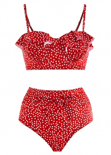 ROTITA Ruffle Trim Polka Dot Bowknot Bikini Set