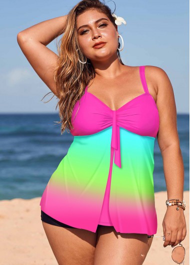 Printed Plus Size Spaghetti Strap Rainbow Color Tankini Set