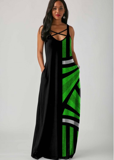 Spaghetti Strap Geometric Print Side Pocket Maxi Dress