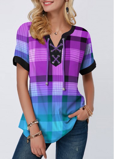 ROTITA Short Sleeve Plaid Print Lace Up Blouse