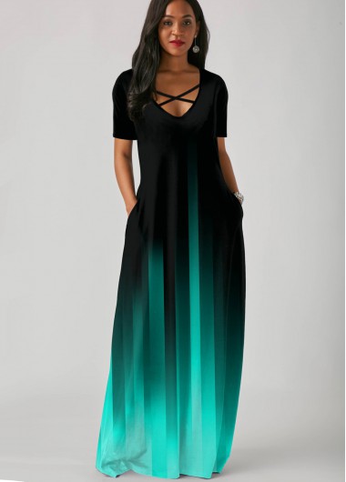 Side Pocket Short Sleeve Mint Green Gradient Maxi Dress