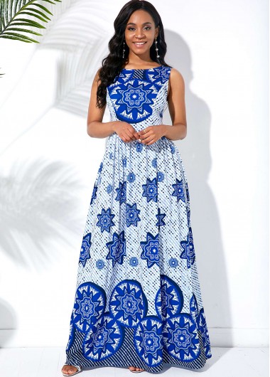 Round Neck Sleeveless Tribal Print Maxi Dress