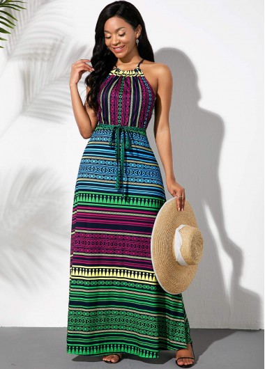 ROTITA Bowknot Sash Multicolor Striped Dress