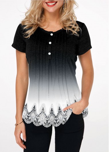 Lace Hem Button Detail Gradient T Shirt