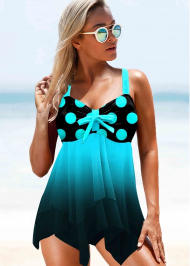 Mint Green Gradient Asymmetric Hem Polka Dot Swimdress Top