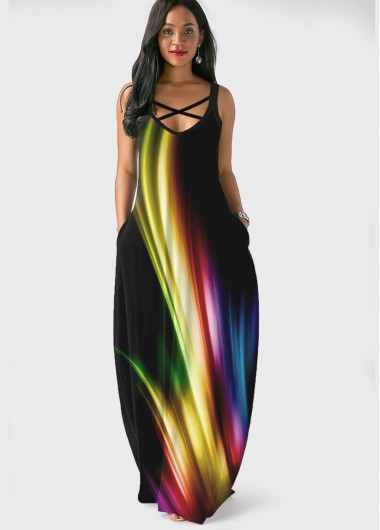 Side Pocket Spaghetti Strap Printed Maxi Dress