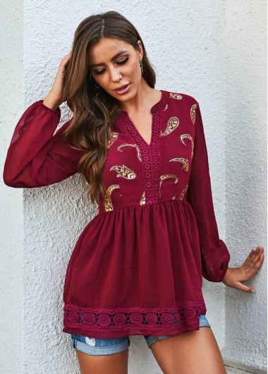 Paisley Lantern Sleeve Lace Stitching Boho Vibe Blouse