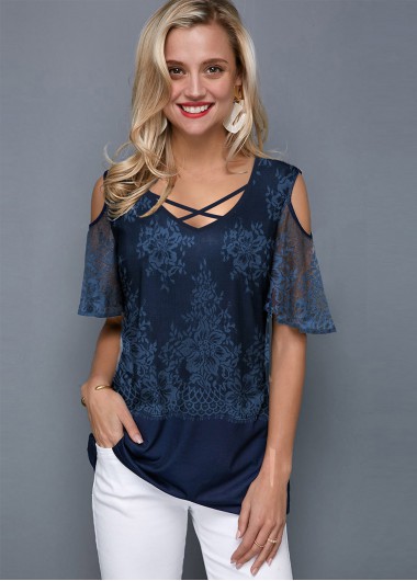 ROTITA Criss Cross V Neck Short Sleeve T Shirt