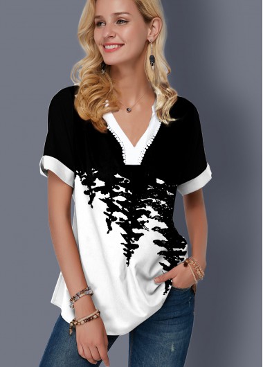 Split Neck Printed Color Block Blouse
