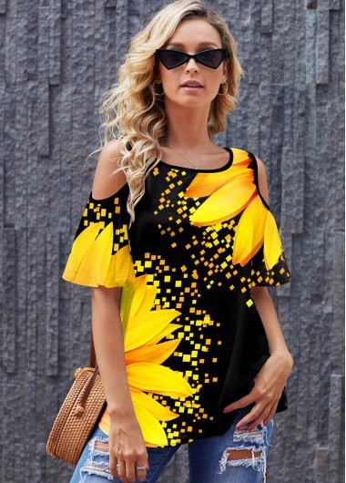 ROTITA Sunflower Print Round Neck Cold Shoulder T Shirt
