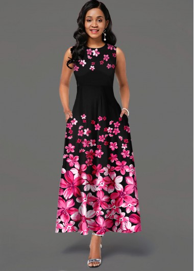 Side Pocket Sleeveless Floral Print Maxi Dress