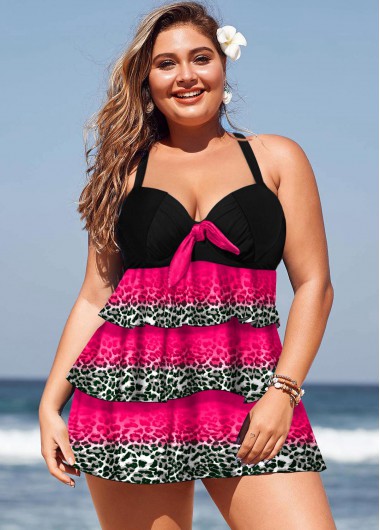 Leopard Print Layered Hem Plus Size Swimdress Top