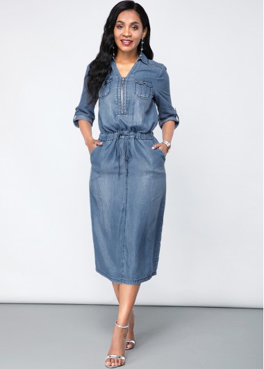 Denim Chest Pocket Turndown Collar Dress
