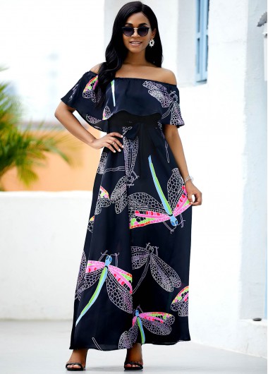 Dragonfly Print Off the Shoulder Belted Dress