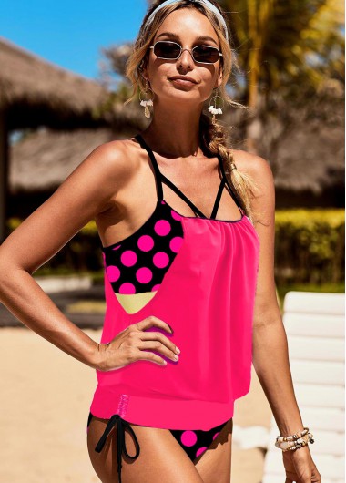 ROTITA Polka Dot Tie Hot Pink Tankini Set