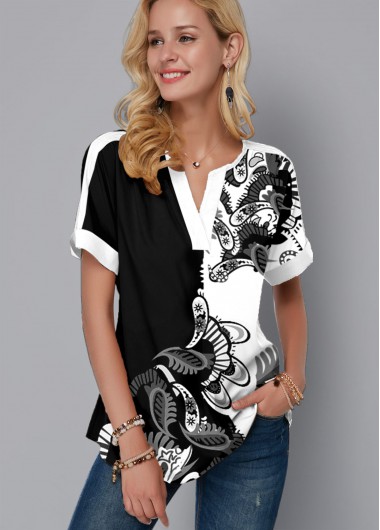 Split Neck Short Sleeve Paisley Print Blouse