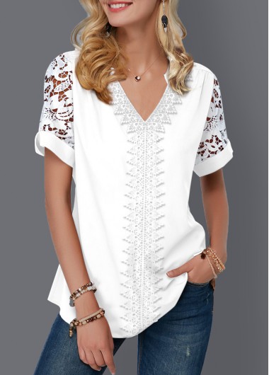ROTITA Split Neck Lace Panel Short Sleeve Blouse