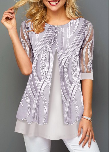 Lace Panel Round Neck Layered Hem T Shirt