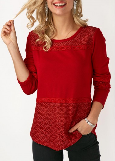 Long Sleeve Lace Panel Round Neck T Shirt