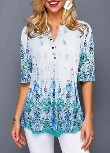 Half Sleeve Tribal Print Split Neck Blouse