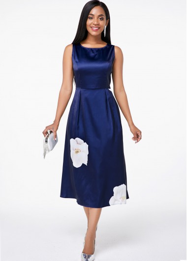 Floral Print Round Neck Sleeveless Blue Dress
