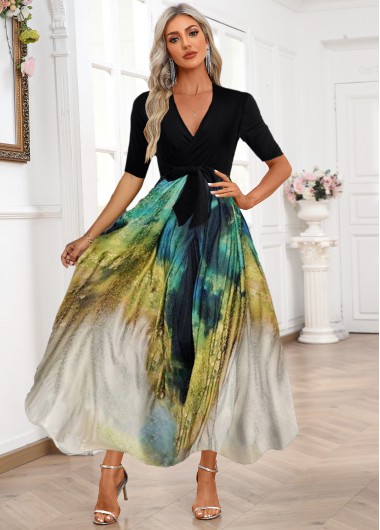 ROTITA Plunging Neck Tie Dye Print Belted Maxi Dress