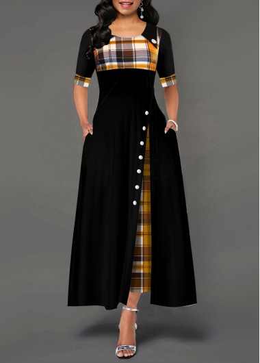 Decorative Button Ginger Plaid Round neck Dress
