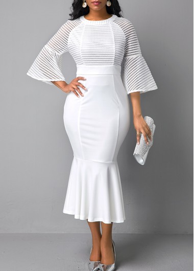 Round Neck Mesh Panel Flare Sleeve Mermaid Dress