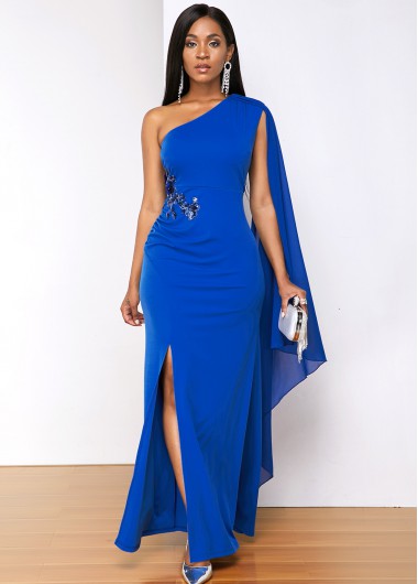 Solid Side Slit One Shoulder Long Sleeve Dress