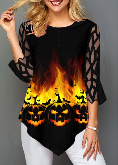 Halloween Print Mesh Panel Asymmetric Hem T Shirt