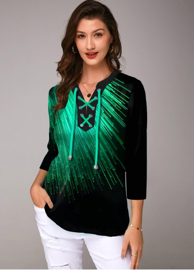 Printed Lace Up Three Quarter Sleeve Blouse