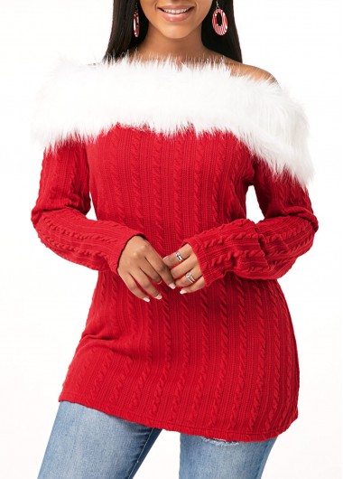 Long Sleeve Fur Collar Twist Detail T Shirt